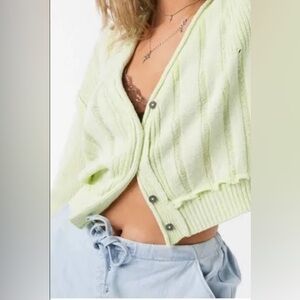 Free People Stevie Faded look color Lime Green Cardigan Sweater size small